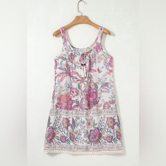 *NEW* Pink, Cream & Green Floral Sleeveless Boho Sleeveless Dress | Size M - Picture 1 of 6
